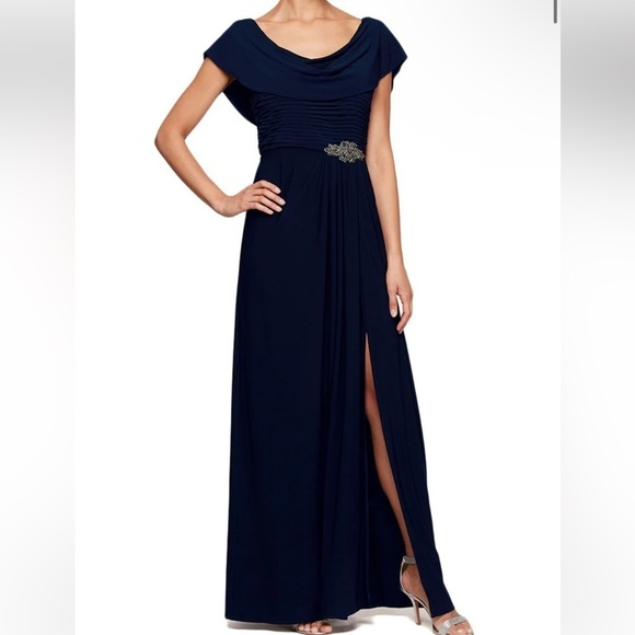 NWOT Alex Evenings Blue Cowl Neck & Back Embellished Dress SIZE 6 - Picture 1 of 5
